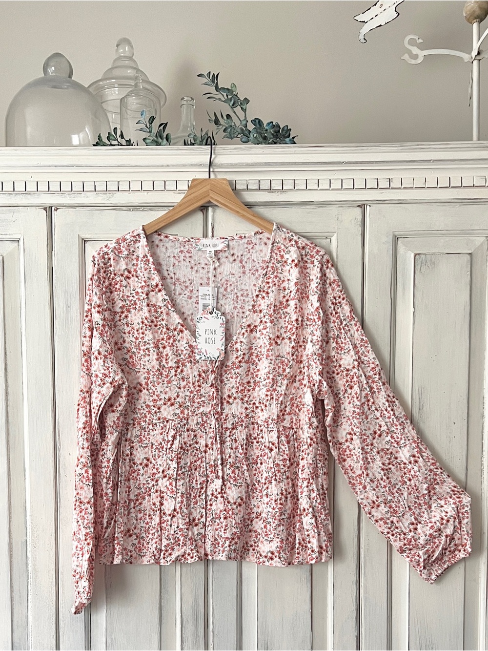 🟠NWT PINK ROSE Floral Long Sleeve Blouse w/Front Tie - Cream/Blush/Rust